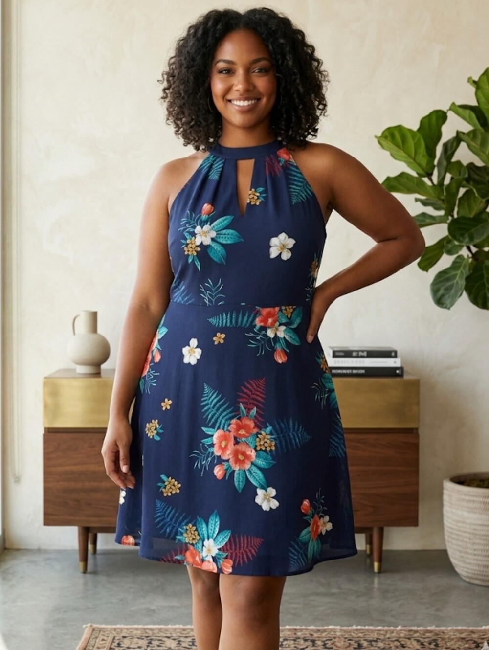 Express Navy Floral Halter VNeck Lightweight Zipper Back Dress Plus Size 14